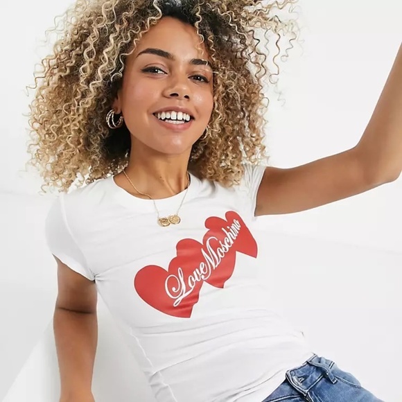 Love Moschino Triple Heart Logo T-Shirt in White - Picture 1 of 6